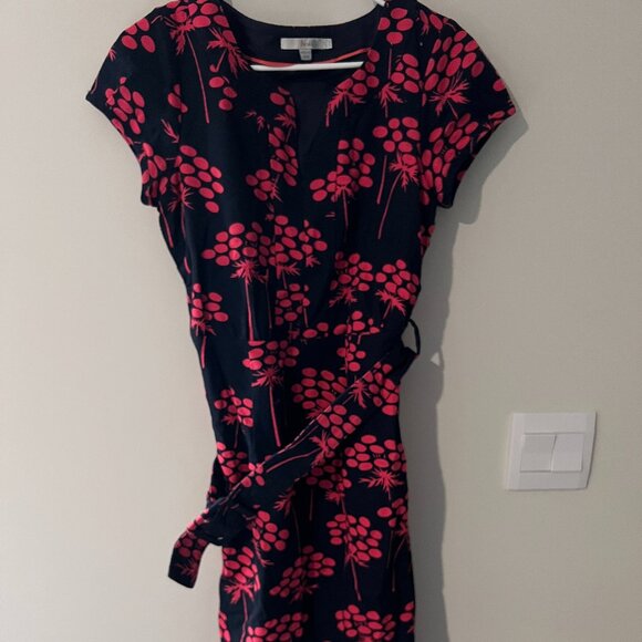 BODEN Notch Neck Shift Dress WH380 Navy & Pink Floral Damask Belted Lined 6L - Picture 4 of 15